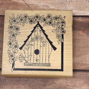 HOLLY BERRY HOUSE BIRDHOUSE W CLEMATIS  AND BIRD WOOD MOUNTED RUBBER STAMP